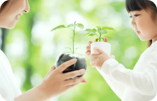 親子で苗木を植える様子